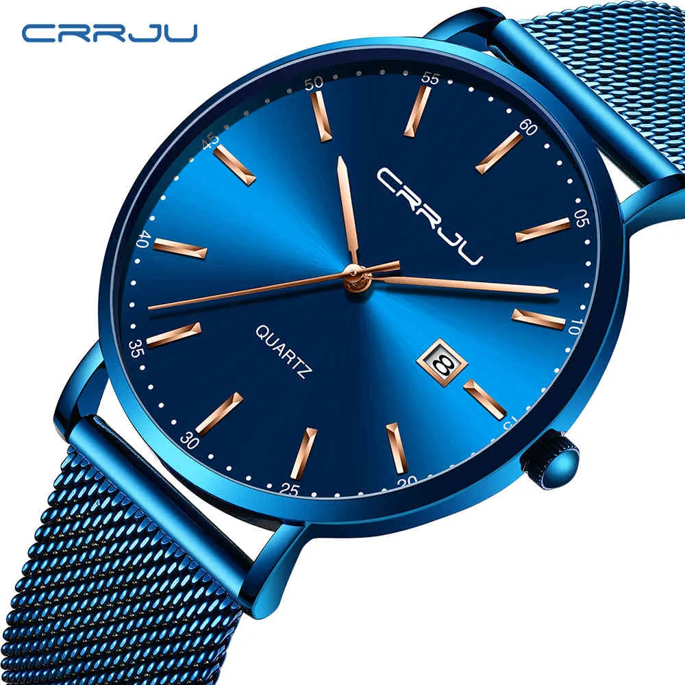 reloj hombre CRRJU Top Marque De Luxe Bleu Montres Étanches Mince Élégant Date Casual Montre À Quartz Hommes Sport Mesh Bracelet Horloge 210517