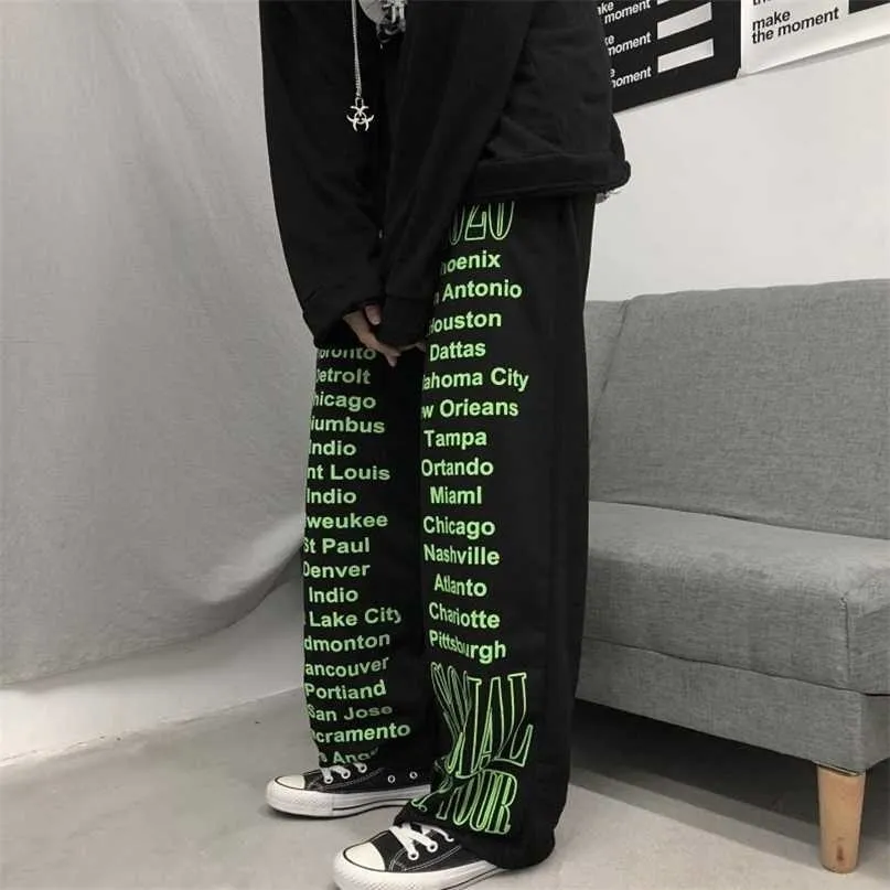 Houzhou Streetwear широко ноги Брюки для ног Женщины Beaggy Harajuku Street Street Black Print Высокие талии Брюки Корейский модный Goth Palazzo 21115