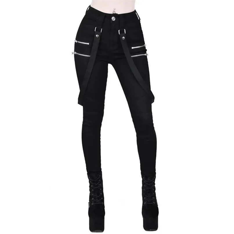 Femmes gothique crayon pantalon pantalon ceinture fermeture éclair dames streetwear long solide noir hip hop D30 211115