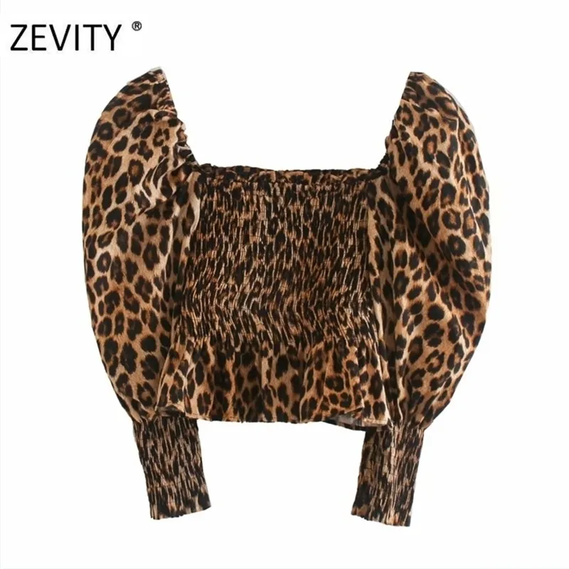 Women vintage leopard print short smock blouse ladies square collar elastic ruffles femininas shirt chic crop tops LS7047 210420