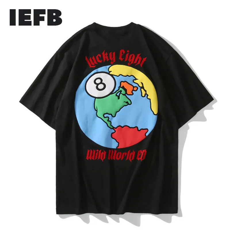 IEFB Tee Terra Carta Impressão T-shirt Homens Harajuku Moda Redonda Pescoço Manga Curta Streetwear Tendência Preto Tops 9Y7436 210524