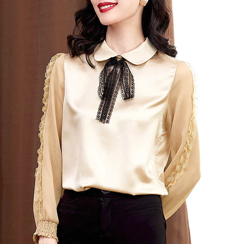 韓国の女性シルクシャツブラウス長袖ブラウストップスプラスサイズの女性サテンエレガントシフォンパーチワーク210604