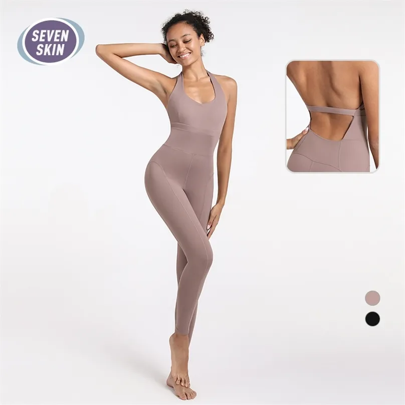 Seven Skin Baklösa Sexiga Yoga Set Elastic Naked-Feel Women Jumpsuit Set Gym Fitness Ärmlös Sportkläder Suit 210802