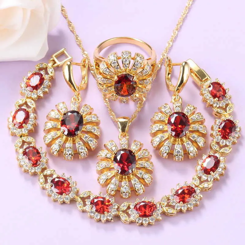 Klasyczne Indian Red Jewelry Sets Gold-Color Bridal Akcesoria Ślubne Naszyjnik i Kolczyki Pierścień Bransoletka Zestawy 7 kolorów Biżuteria H1022