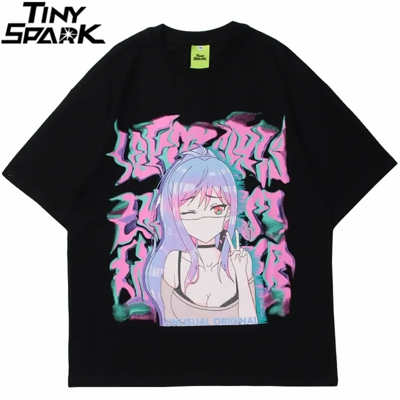 Män Hip Hop Streetwear T Shirt Sexig Anime Girl Illusion Print Tshirt Sommar Kortärmad T-shirt Harajuku Bomull Loose Tops Tees 210409