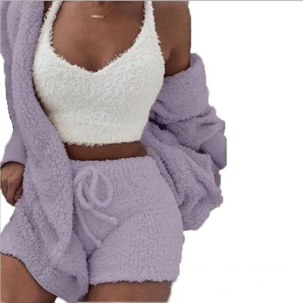 Ensemble de pyjamas en velours corail pour femmes printemps automne hiver 3 trois pièces hauts shorts manteau costume taille