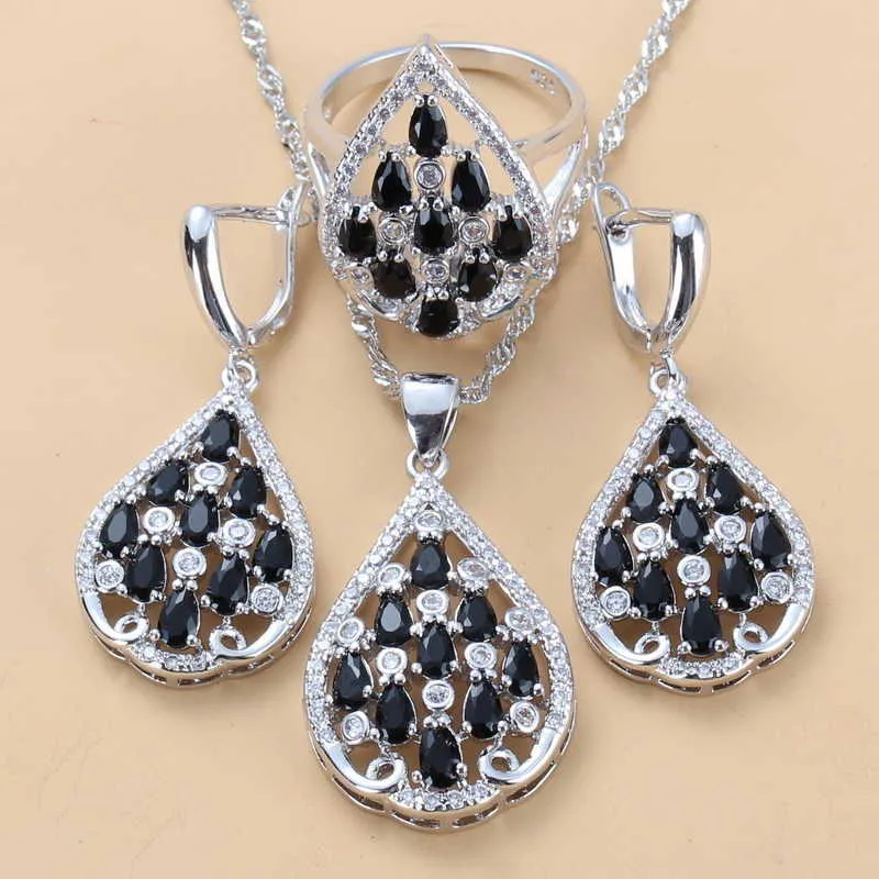 Set di gioielli in argento colore zircone nero costume stile punk per set di collane e orecchini da donna H1022