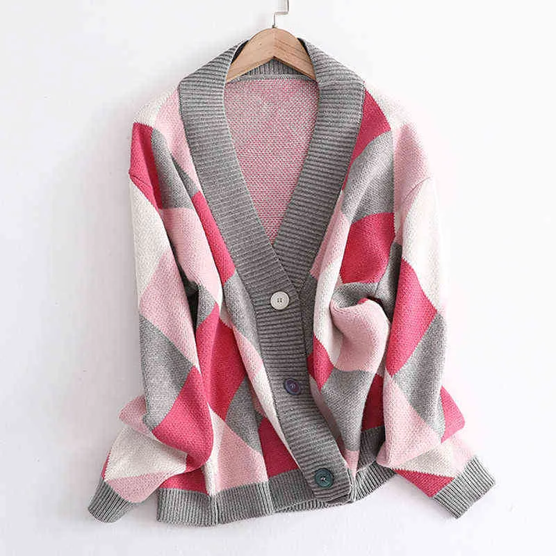 V Neck Knit Oversize Female Cardigan Winter Argyle Single-Breasted Women`s Sweater coat Autumn Loose Jacket 220104