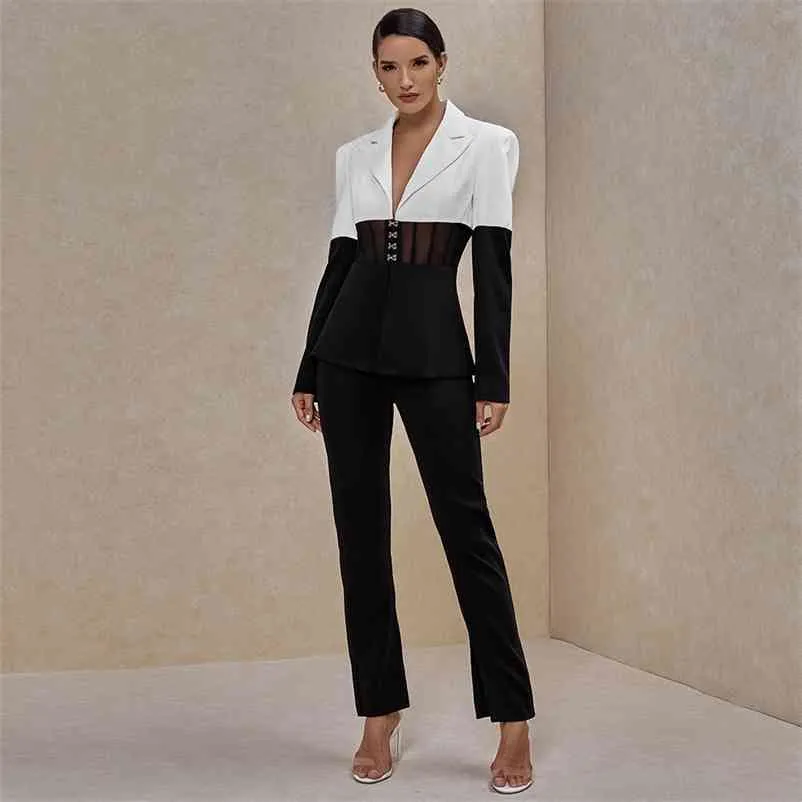 Ocstrade dois pedaços conjunto mulheres terno blazer e calças club dois peça roupas de runway roupas caem preto e branco 2 peça conjunto 210727