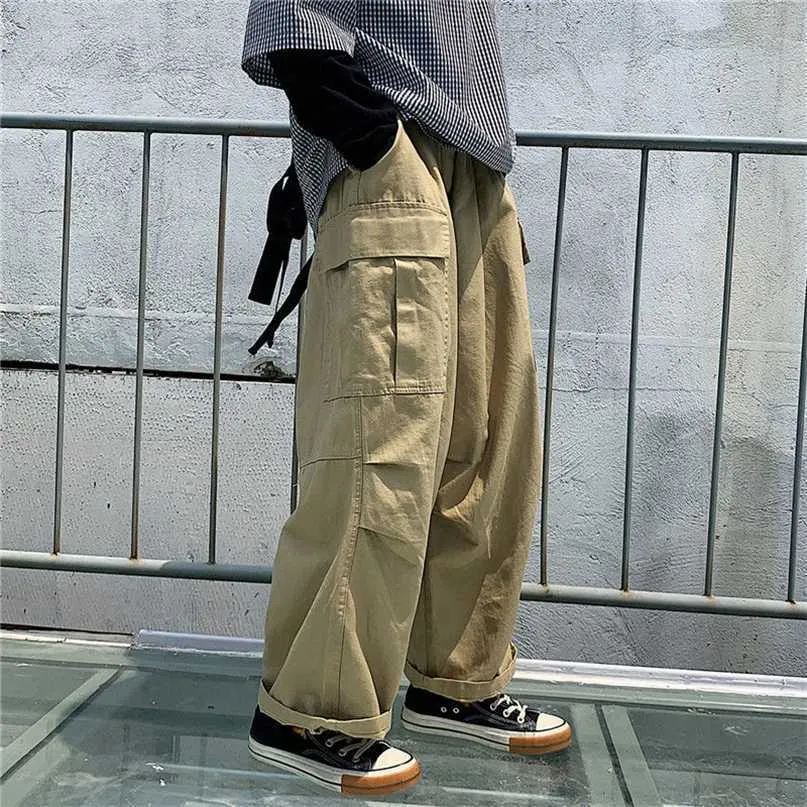 Houzhou Streetwear Khaki Cargo Byxor Kvinnor Koreanska Mode Hippie Black Wide Ben Byxor för Kvinna KPOP Oversize Joggers 211115