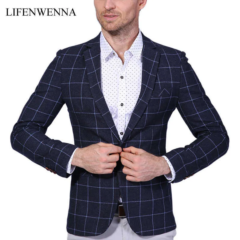Jesień Arrival Męskie Blazer Moda Plaid Slim Fit Suit Kurtka Męskie Ubrania Trend Biuro Garnitur Mężczyźni Plus Azjatycki Rozmiar M-6XL 210528