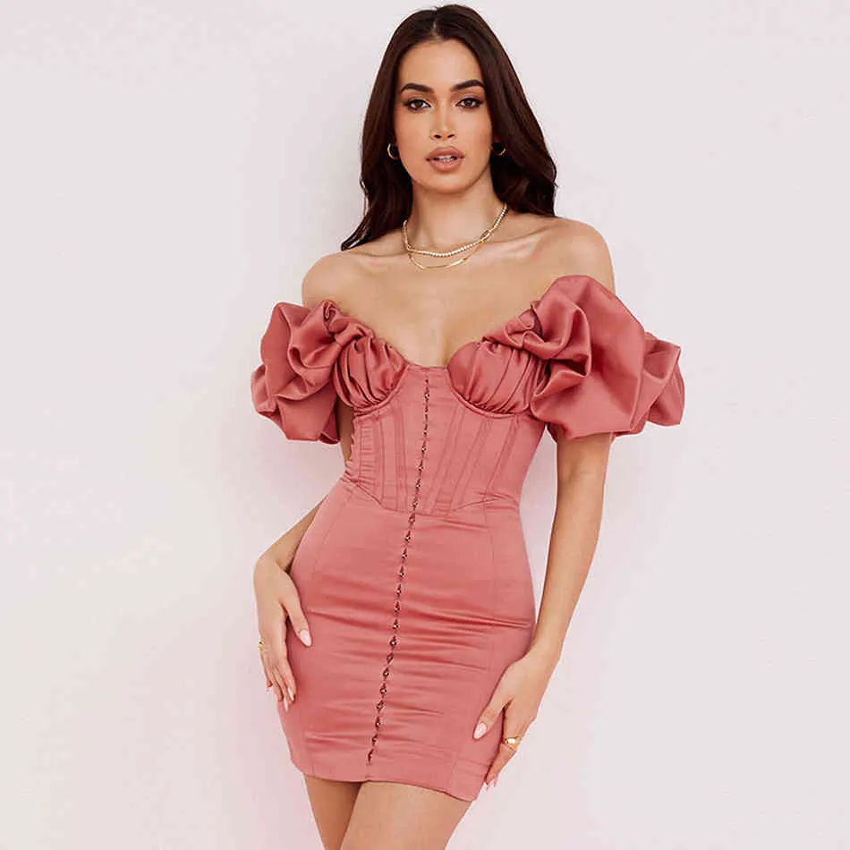 Summer Women Fashion Pink Off Shoulder Mini Dress Sexy Short Sleeve Ruffles Celebrity Evening Runway Club Party 210423