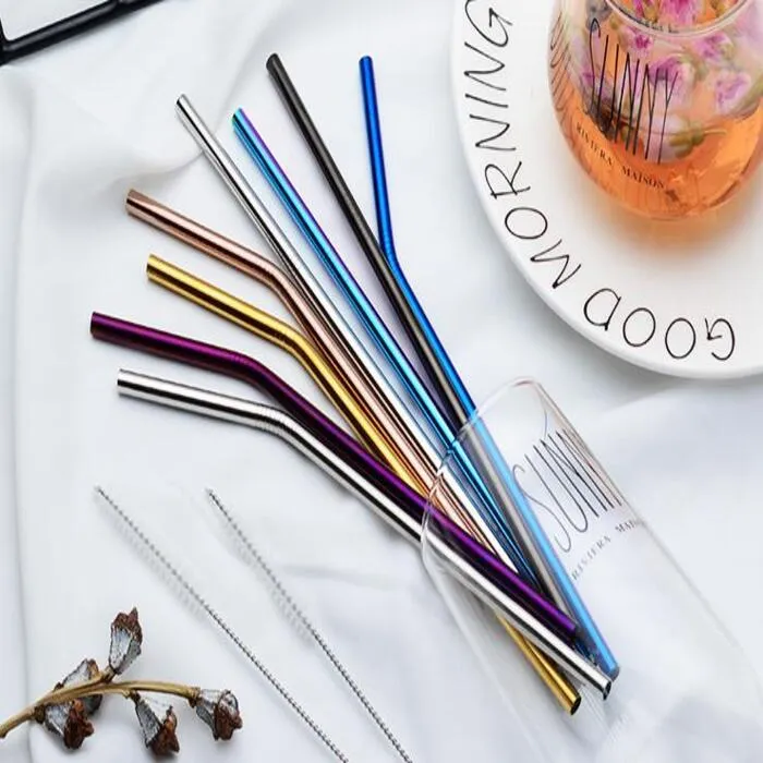 Drinkware Metal Reusable Colorful Drink-ware Environmental 6*215 mm 304 Stainless Steel Straws Straight Bent With Case Cleaning Brush Set Party Kitchen Accessory