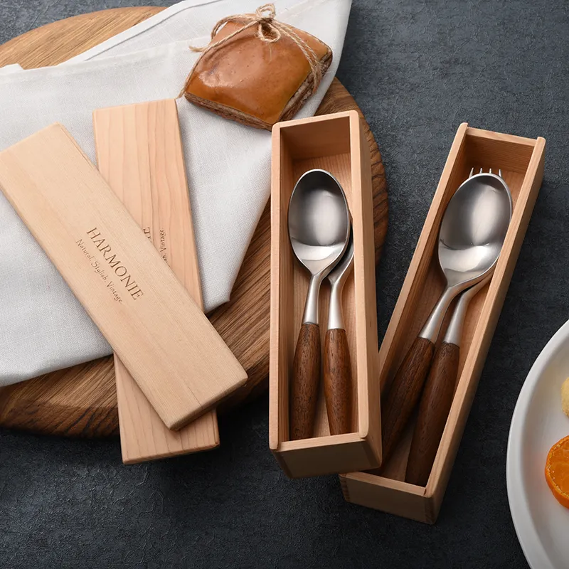 Western Fork Spoon Travel Set Stainless Fork Spoon Wooden Handle Cutlery Japanese Dinnerware Tableware Portable