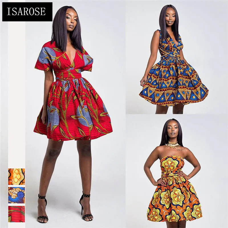 ISAROSE Short Dashiki Dress V Neck Sexy DIY Bandage African Backless  Pleated Party Dresses Ankara Fashion Batik Dress for Women 210422