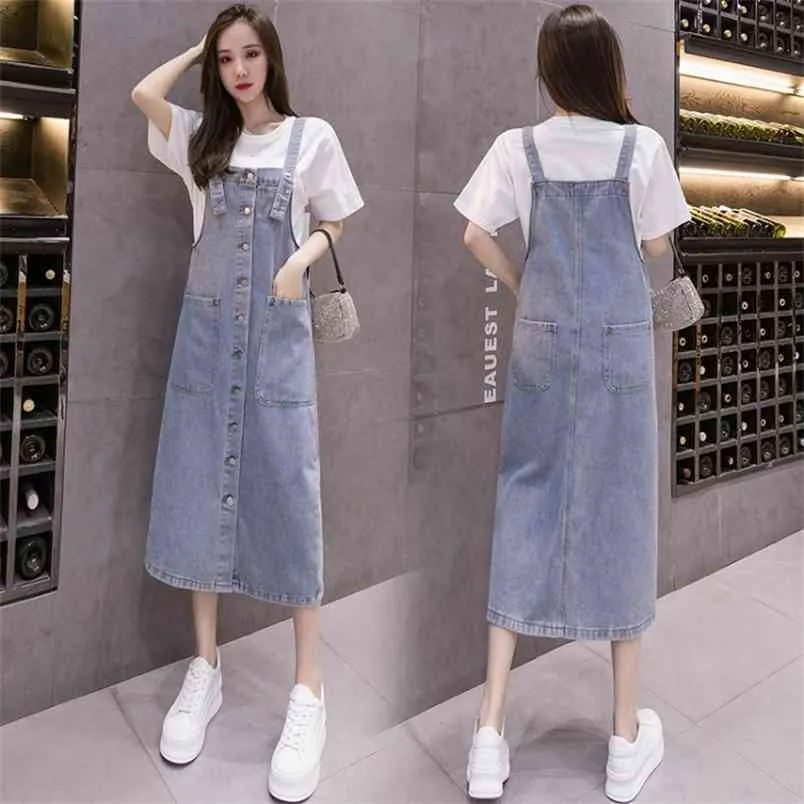 Jeans Elbise Tek Göğüslü Büyük Cepler Yaz Midi Bayan Denim Sundress Artı Boyutu Bayanlar Gevşek Mavi Askı 5XL 210604