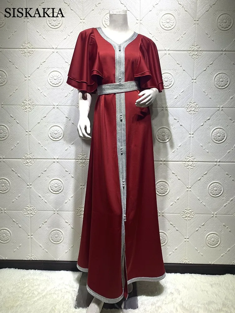 ソフトサテン・ジャラビヤハイジャブドレス女性ファッションリボンイスラム教徒ドバイアラビアモロッコカフンマルーンラッフル半袖