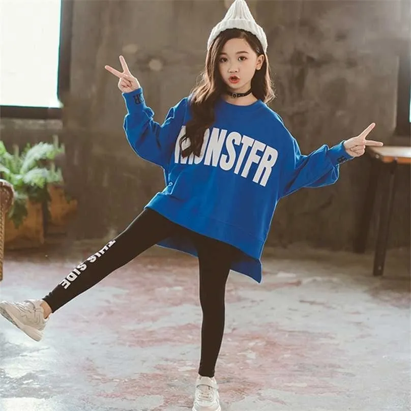 Winter Kids Clothes Suit Girls Autumn Clothing Korean Casual Big Children'S Letter Sweater+ Leggings 2pcs Set For 4-13Y 211025