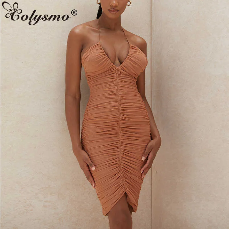 Colysmo Summer Mesh Robe Femmes Low Cut Col V Ruché Moulante Sexy Femme Party Nigh Wear Club es Robes 210527