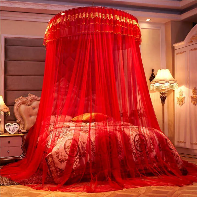 Romantic Chinese Red Honeymoon Princess Round Net Double layer Lace Bed Canopy Tent Folding Dome Mosquito Netting#sw