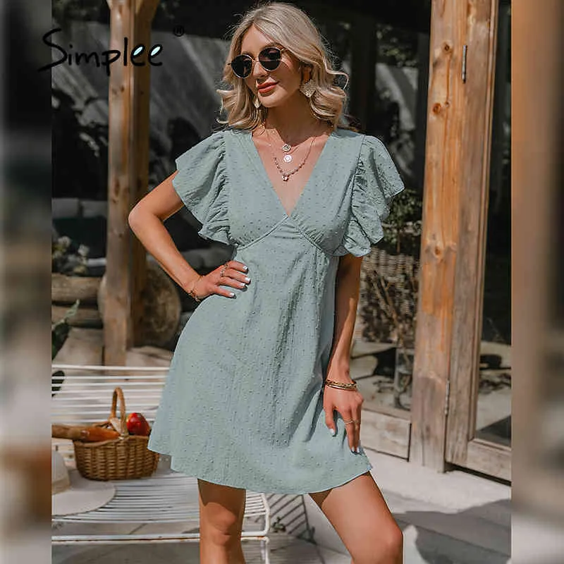 Sexy scollo a V solido primavera estate Donna vita alta casual mini abito manica corta Moda volant abiti larghi 210414