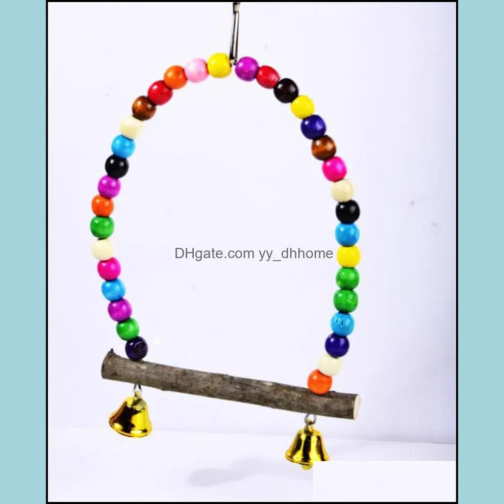 New Home Natural Wooden Parrots Swing Toy Birds Perch Hanging Swings Cage With Colorful Beads Bells Toys Bird Supplies