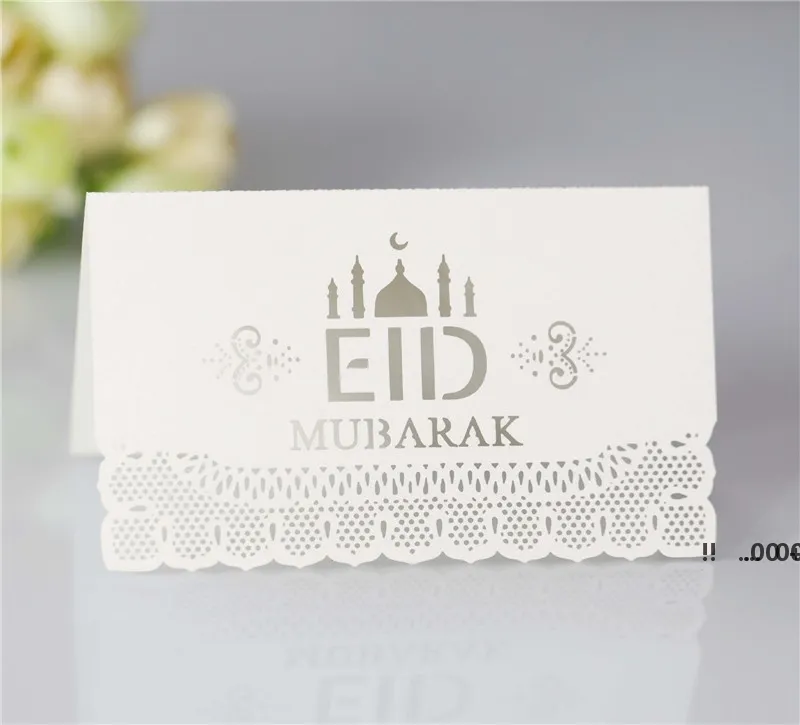 Neweid Mubarak Party Assento cartão 100 pçs / lote Ramadan papel mesa convite oco out lugar cartões Muslim Islamic Festival Decor EWA4687