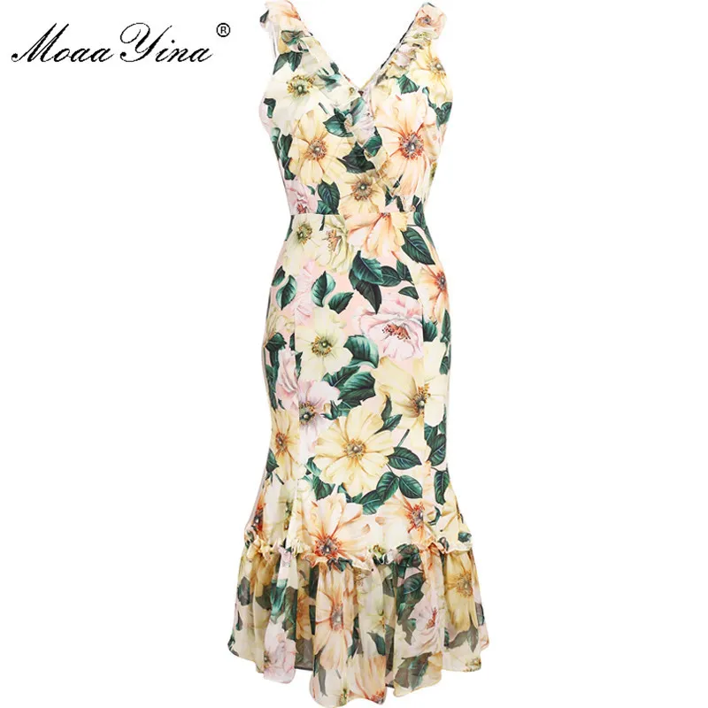Moda Designer Dress Verão Mulheres Vestido V-Pescoço Camélia Impressão Floral Sereia Vestidos 210524