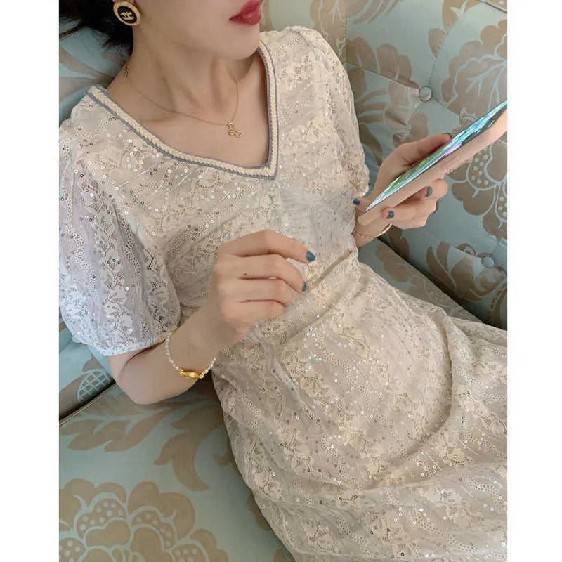Vintage lantejoulas vestido mulheres elegante renda chiffon festa coreana vestido sopruff manga v-pescoço midi vestido verão vestidos para mulheres 210527