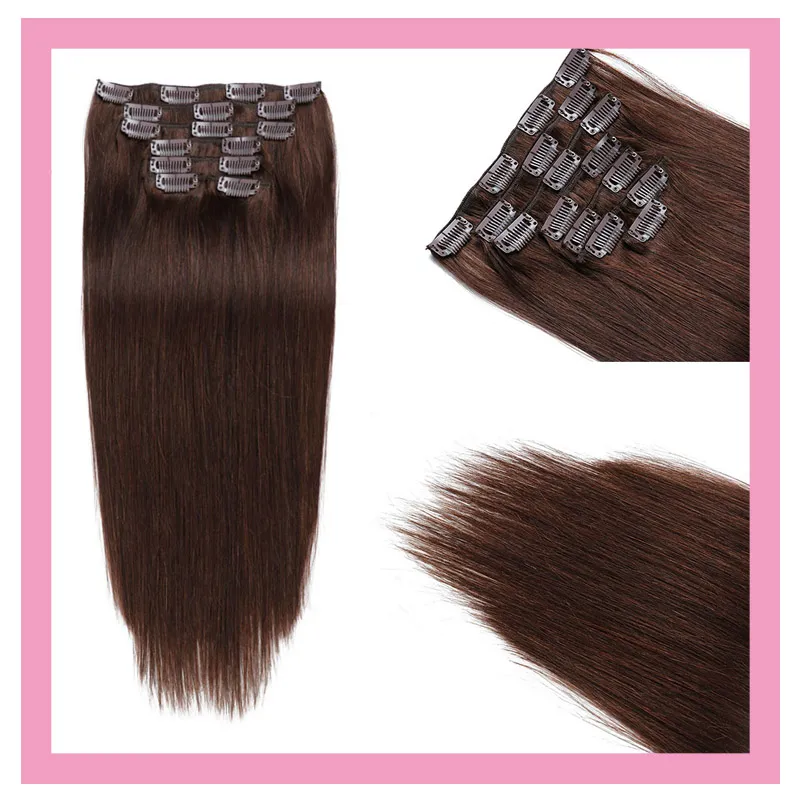 Clipe de cabelo humano indiano 2# clipe de cor direto em extensões de cabelo virgem 14-24 polegadas Ruyibeauty Remy Straight