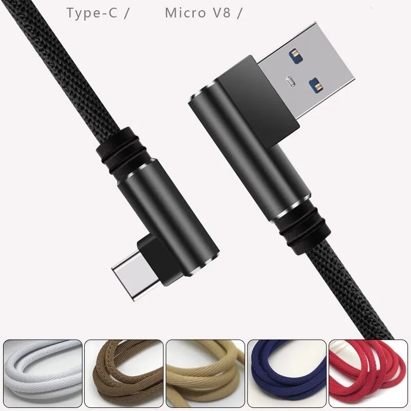 1 متر / 3ft 2a المزدوج بيند نوع-c مايكرو usb شحن الكابلات لالروبوت الهاتف شاحن سريع الحبل 90 درجة كابل الكوع