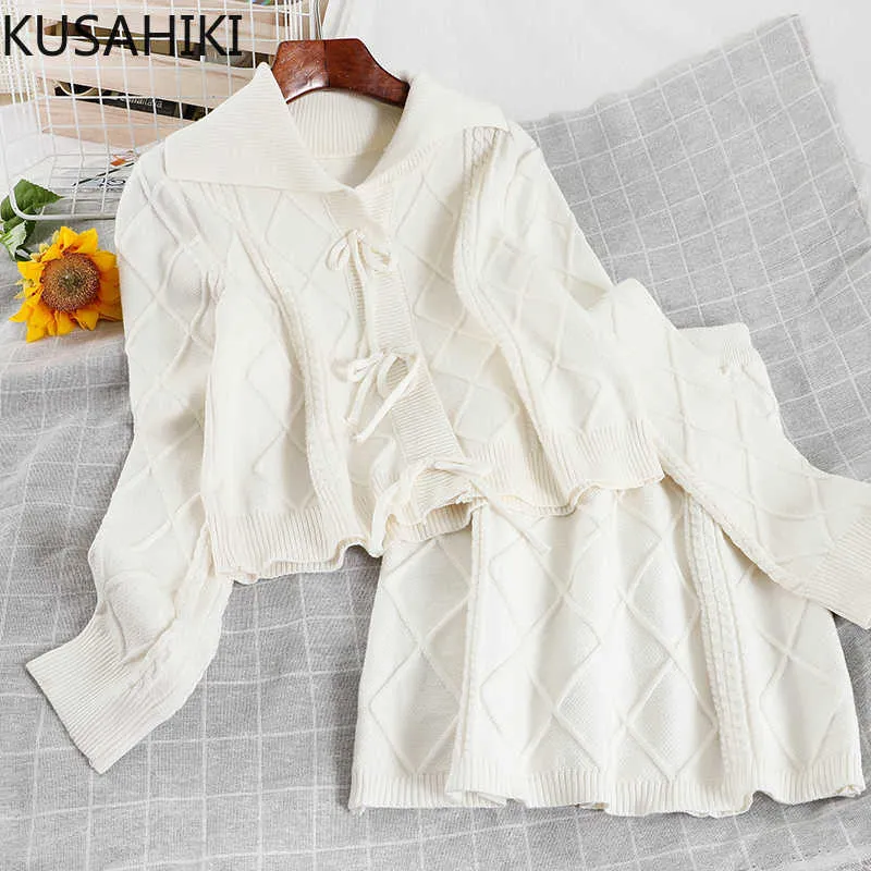 한국어 니트 여성 2 개 세트 보우 넥타이 긴 소매 스웨터 코트 + 높은 허리 미니 스커트 봄 정장 6E462 210603