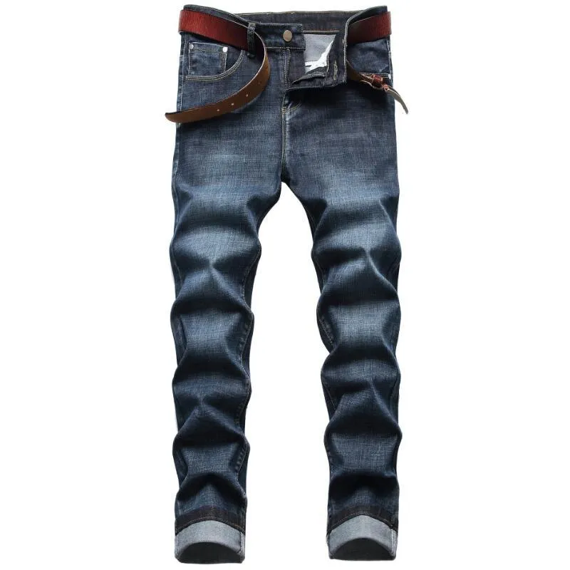 Striped Navy Blue Slim Straight Jeans Mens Smart Casual Long Pants With ...