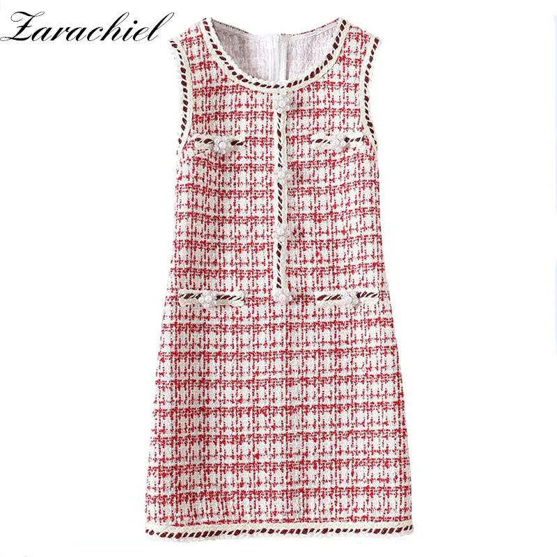 Mode Designer Weave Plaid Wool Tweed Women's Pearls Beading Knappar O Neck Elegant Ärmlös Vest Dress 210416