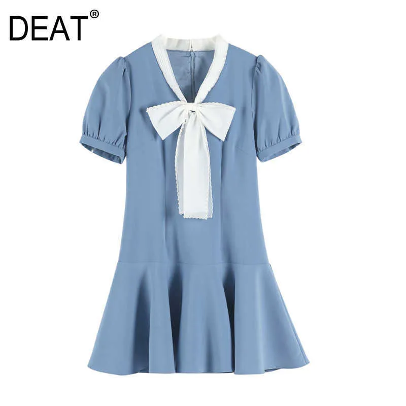 [DEAT] Summer Fashion V-neck High Waist Beading Bow Short Sleeve Splicing Loose Elegant Dress Women 13C987 210527