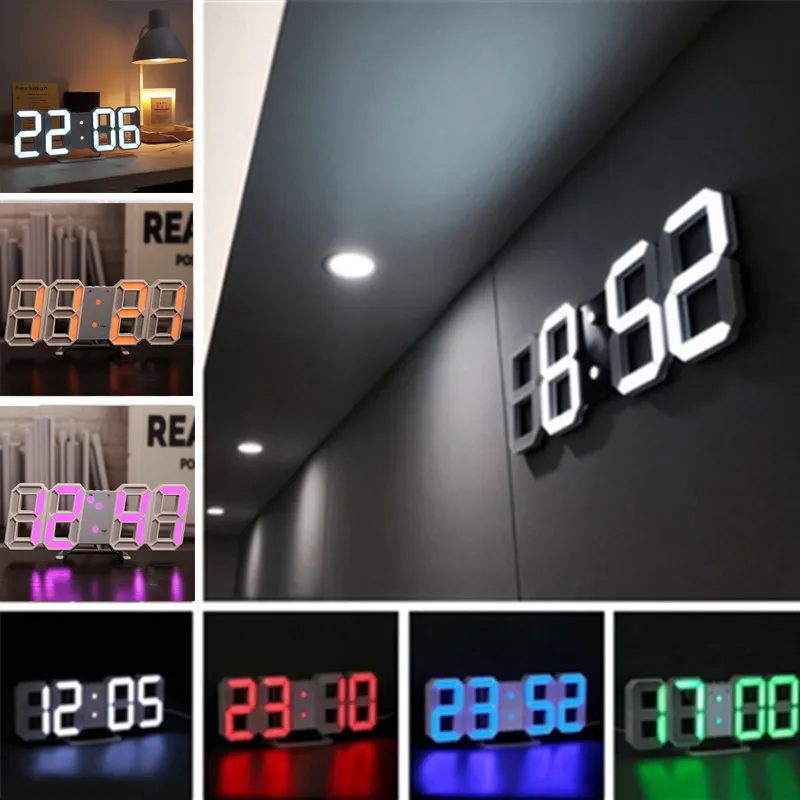 Modern design 3d LED Väggklocka för vardagsrum Dekor Digitala väckarklockor Hem Kontorsbord Skrivbord Nattvisning