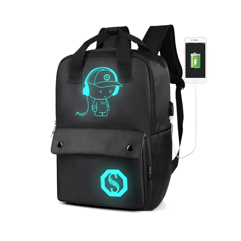 SenkeyStyle Black Teenager School Bag Ryggsäckar för män Stor kapacitet Oxford Vattentät Lysande Man Backpacking USB Laptop