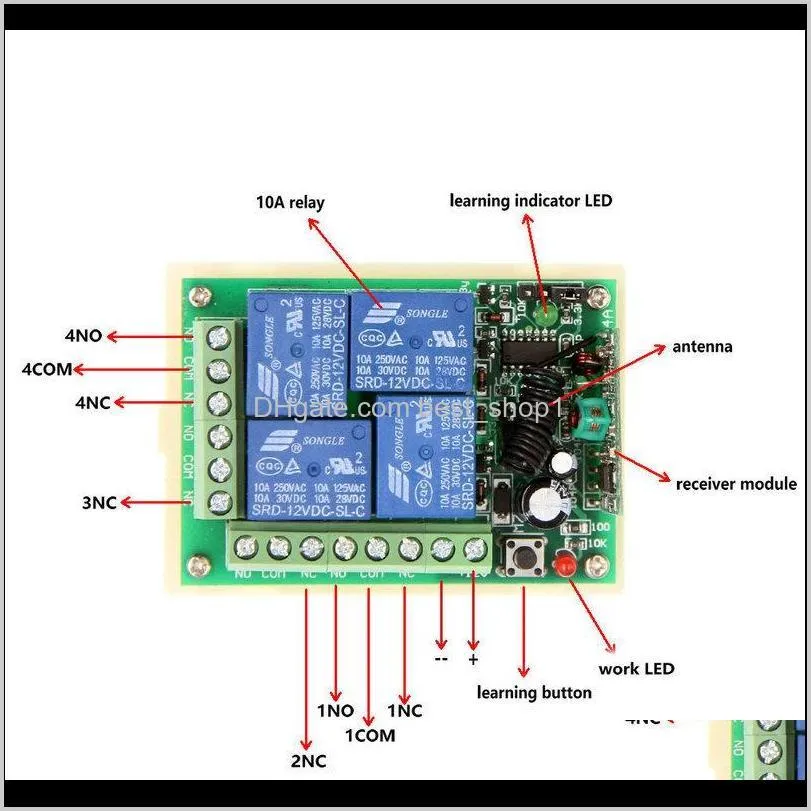 smart multiple dc 12v 24v 10a 315/433 mhz 4ch 4 ch wireless relay rf remote control switch receiver+1 2 3 4 transmitter t200605