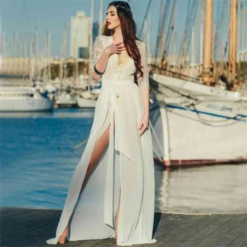 Robe longue de plage blanche en mousseline de soie Cove up maillots de bain femmes paréos de Playa Mujer Sarong Bikini couverture tunique pour # Q655 210420