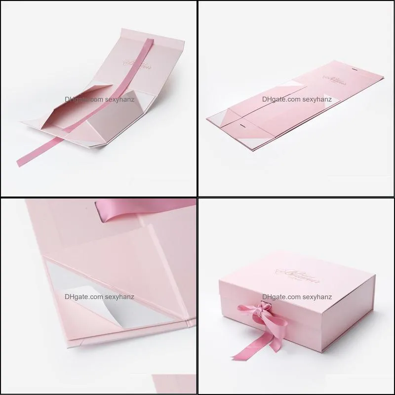 Jewelry Pouches, Bags Wholesale 600pcs/lot Pink Custom Logo Printed Magnet Foldable Gift Packaging Boxes Paper Box