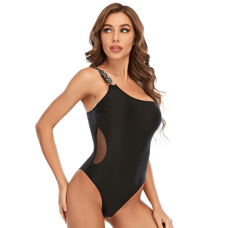Sexy One Shoulder Swimsuit One Piece Mesh Black Swimwear Women Monokini Leopard Bathing Suit One Piece Suit Large Size XL XXL