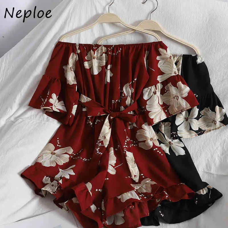 Neploe Sexy Slash Neck Schulter Trägerlose Overalls Frauen Hohe Taille Hüfte Schärpen Lose Playsuits Pullover Kurzarm Bodys 210423