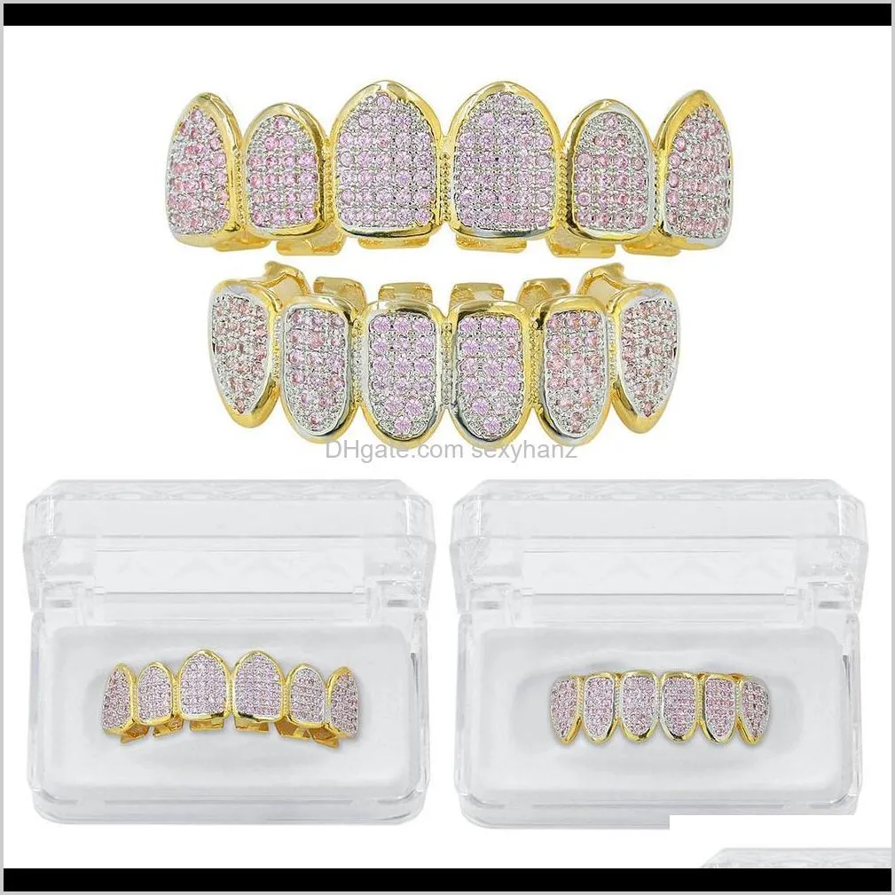 authentic gold-plated micro-inlaid teeth hip hop teeth grillz pink zircon bracket big gold tooth jewelry new