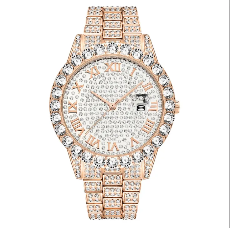 Missfox European Hip Hop Full Diamond Mens Watches Bransoletka kwarcowa Kalendarz Mineral Hardlex Mirror Stray Producenci Direc263R