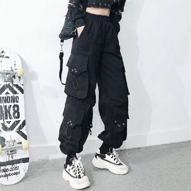 Gothic Black Cargo Pants For Women Harajuku Streetwear, Oversized