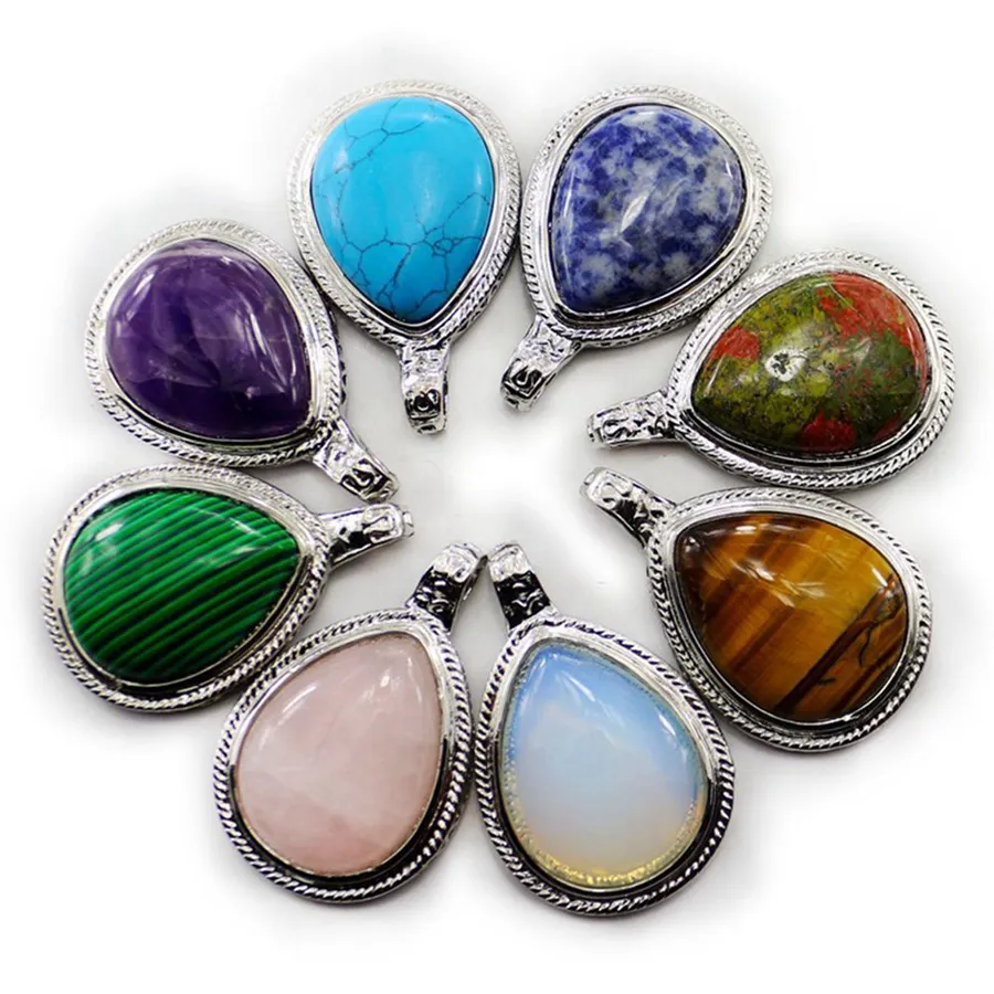 Naturlig ädelsten vatten-droppe form nostalgisk stil män kvinnor hängsmycke amethystrosa kvarts läka kristall halsband charm mode reiki sten smycken grossist