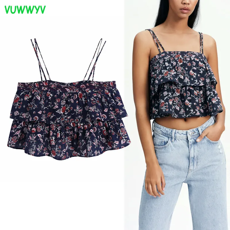 Womens Navy Blue Floral Print Ruffle Crop Top Blouse with Pearl ...