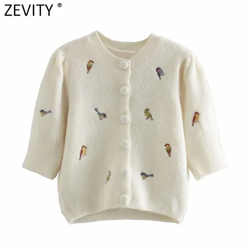 Kvinnor Sweet Birds Broderi Kort Knitting Sweater Kvinna Pläter Puff Sleeve Breasted Cardigans Chic Tops S547 210420