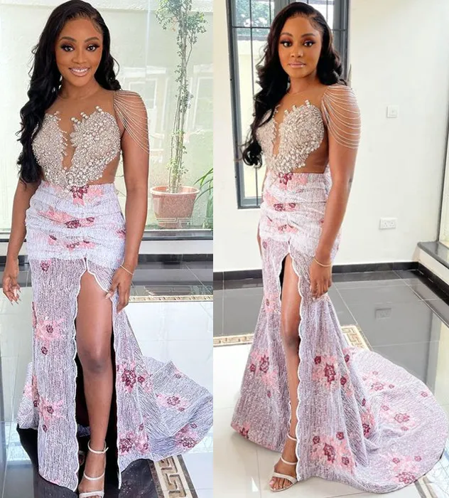 2021 Plus Storlek Arabisk Aso Ebi Lace Luxurious Mermaid Prom Klänningar Sheer Neck Beaded Kristaller Kväll Formell Party Andra Receptionen Bridesmaid Gowns Dress Zj445