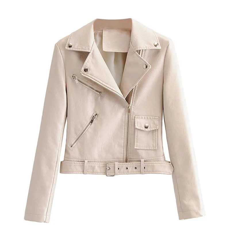 Chic Faux Leather Jacket Women - Belted Moto Biker Coat